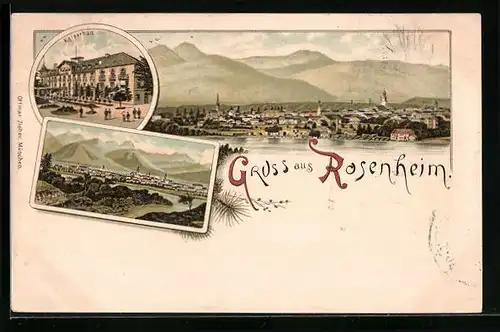 Lithographie Rosenheim, Kaiserbad und Panorama