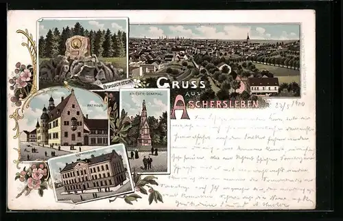 Lithographie Aschersleben, Rathaus, Gymnasium, Bismarckstein