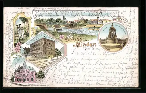 Lithographie Minden i. Westfalen, Mindener Bankverein, Kaiserliche Oberpostdirektion, Weserbrücke