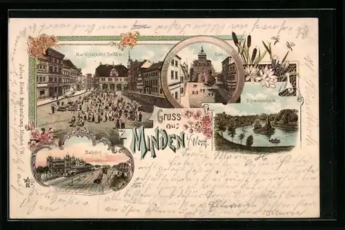 Lithographie Minden i.W., Marktplatz mit Rathaus, Bahnhof, Dom, Schwanenteich