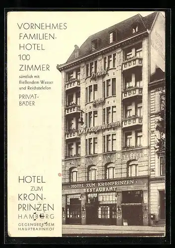 AK Hamburg, Hotel zum Kronprinzen, gegenüber dem Hauptbahnhof