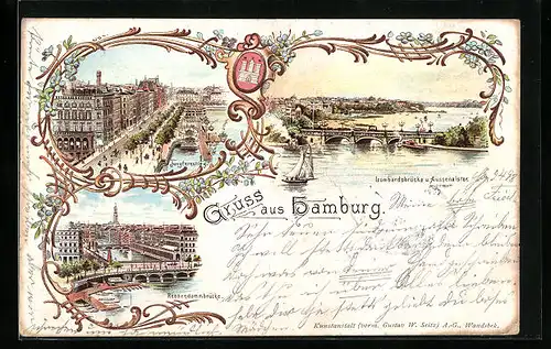 Lithographie Hamburg, Jungfernstieg, Lombardsbrücke und Aussenalster, Reesendammbrücke