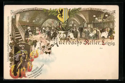 Lithographie Leipzig, Gasthaus Auerbach`s Keller, Innenansichten Göthe-Zimmer & Faust-Keller