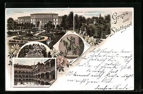 Lithographie Stuttgart, Stadtgarten, Hof des alten Schlosses, Hauffdenkmal, Graf Eberhard-Denkmal