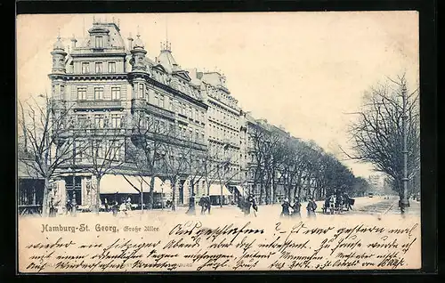 AK Hamburg-St. Georg, Grosse Allee mit Passanten und Kutsche