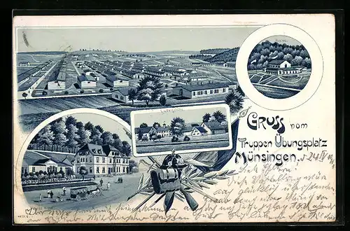 Lithographie Münsingen, Hardt Hotel, Casino, Ludwigshöhe, Truppenübungsplatz, Baracken