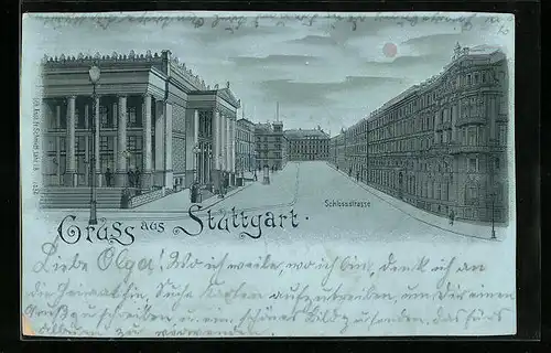 Mondschein-Lithographie Stuttgart, Blick in die Schlossstrasse