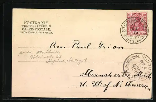 AK Stuttgart, Johannesstrasse mit Kirche