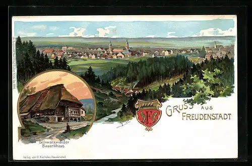 Lithographie Freudenstadt, Schwarzwälder Bauernstadt, Ortsansicht aus der Ferne, Wappen
