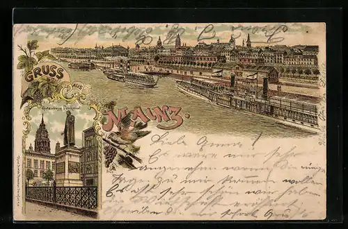 Lithographie Mainz, Totalansicht aus der Vogelschau, Gutenberg-Denkmal