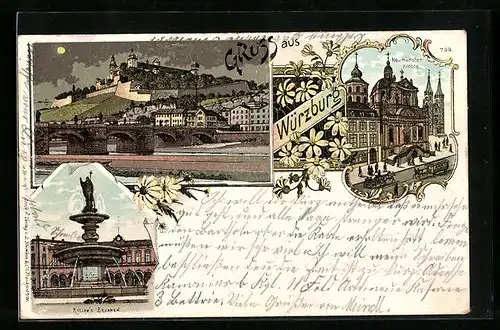 Lithographie Würzburg, Kilians-Brunnen, Neumünster-Kirche, Teilansicht mit Schloss