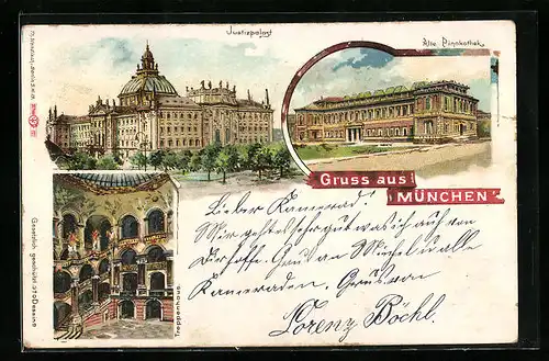 Lithographie München, Justizpalast, Alte Pinakothek