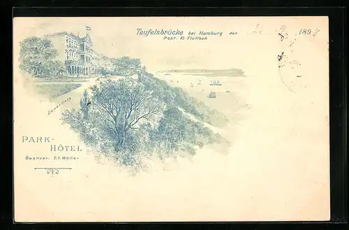 Lithographie Kl. Flottbek bei Hamburg, Blick auf die Teufelsbrücke