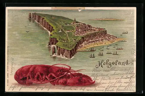 Lithographie Helgoland, Gesamtansicht mit Schiffen, Hummer