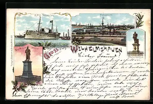 Lithographie Wilhelmshaven, Hafenansicht mit S.M.S. Hohenzollern und Kaiser Wilhelm Denkmal