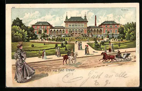 Lithographie Bad Elster, Kurhaus mit Pferdewagen