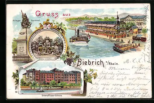 Lithographie Biebrich / Rhein, Unteroffizier-Schule, Krieger-Denkmal