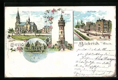 Lithographie Biebrich am Rhein, Neue Kirche, Wasserturm, Moosburg, Schloss