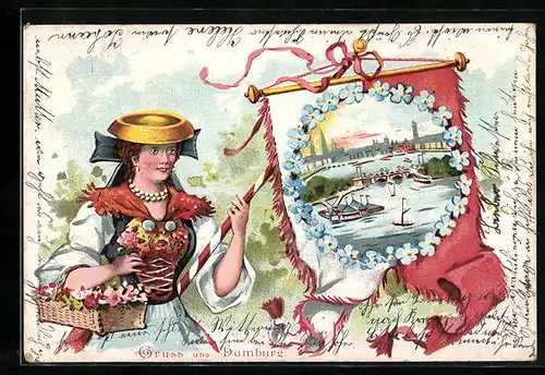 Lithographie Hamburg-Harburg, Frau in Tracht mit Flagge und Hafen