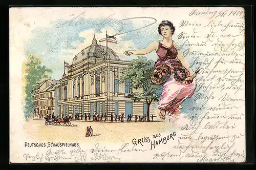 Lithographie Hamburg-St.Georg, Deutsches Schauspielhaus mit Schauspielerin in Kostüm