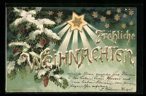 Lithographie Verschneite Tannenzweige mit Weihnachtsstern