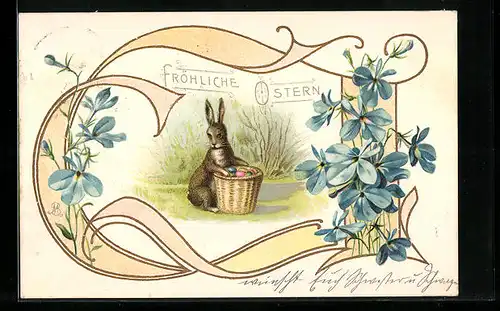 AK Osterhase mit Blüten zum Feste