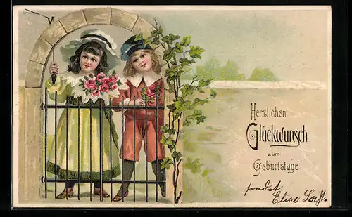 AK Kinder stehen mit Blumen am Tor, Herzlichen Glückwunsch zum Geburtstag