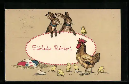 AK Osterhase und Osterküken wünschen frohe Ostern