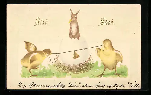 AK Osterhase beobachtet Osterküken mit Glöckchen