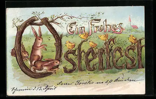 AK Ein frohes Osterfest, Osterhasen und Osterküken