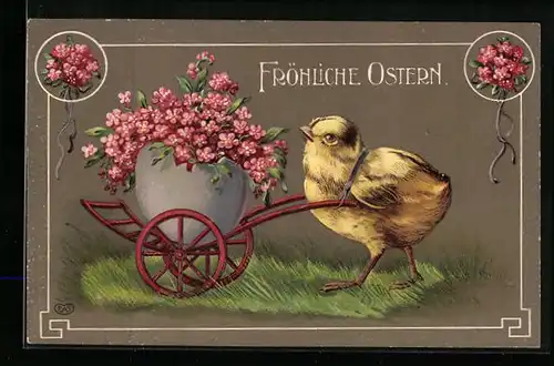 AK Osterküken mit Blüten in Eierschale