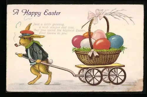AK Fröhliche Ostern, Osterhase mit Pfeife zieht Wagen mit Eiern