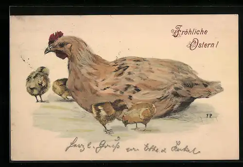 AK Osterküken mit Henne zu Ostern