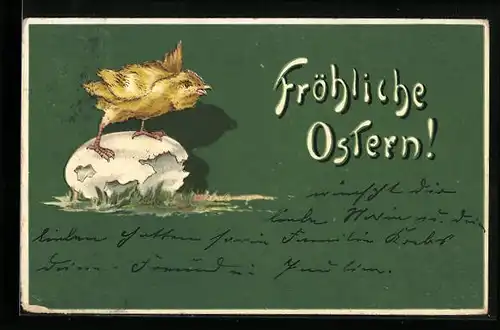 AK Fröhliches Osterküken auf der Eierschale