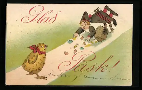 AK Junge stolpert mit Ostereiern, Osterküken