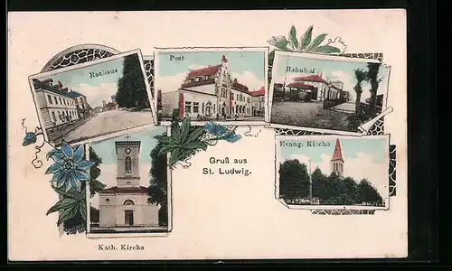 AK St. Ludwig, Rathaus, Post, Bahnhof, Kath. Kirche, Evang. Kirche