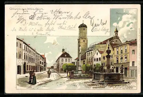 Lithographie Weilheim, Brunnen und Denkmal auf dem Hauptplatz