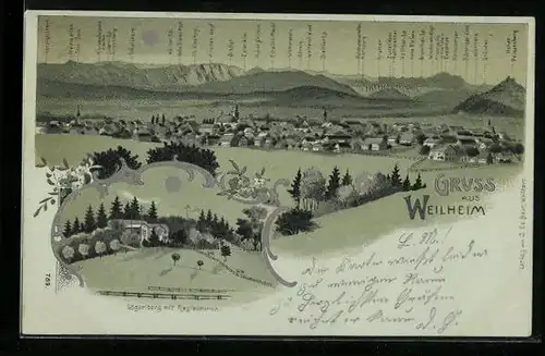 Lithographie Weilheim, Gögertberg mit Restaurant, Totalansicht mit Bergpanorama