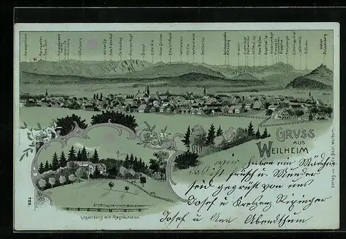 Lithographie Weilheim, Gögerlberg mit Restaurant, Bergpanorama mit Hörnle, Kramer und Bischof