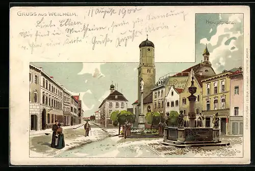 Lithographie Weilheim, Hauptplatz mit Kirche