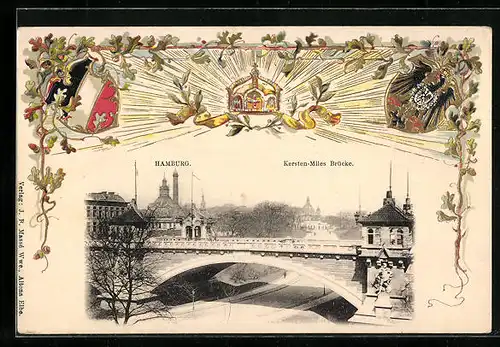 Passepartout-Lithographie Hamburg-St.Pauli, Kersten-Miles Brücke, Wappen