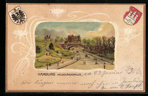 Passepartout-Lithographie Hamburg-St. Pauli, Helgoländerallee mit Wappen