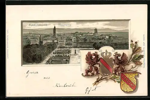 Passepartout-Lithographie Karlsruhe, Panorama mit Wappen