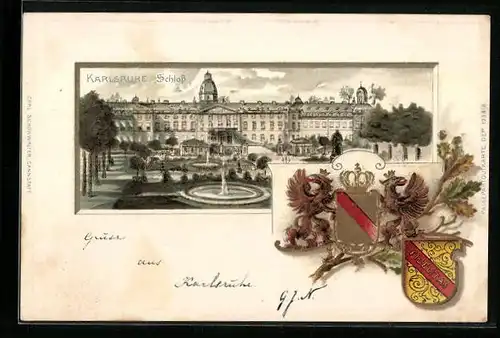 Passepartout-Lithographie Karlsruhe, Schloss und Wappen