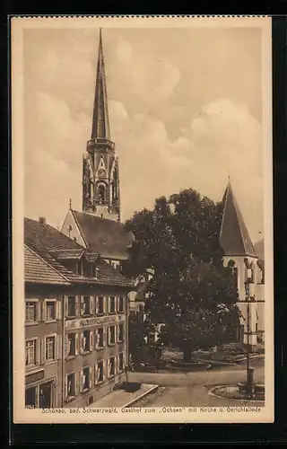 AK Schönau, Gasthof zum Ochsen mit Kirche und Gerichtslinde