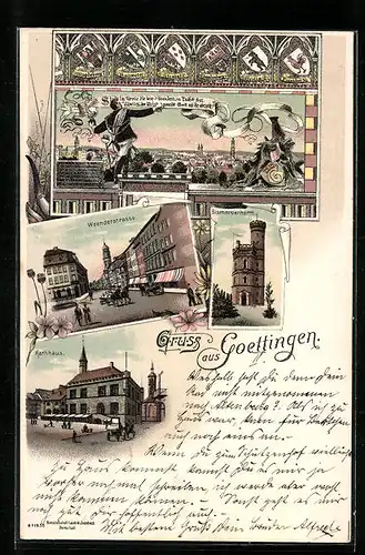 Lithographie Goettingen, Weenderstrasse, Rathaus, Bismarckthurm