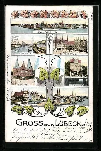 AK Lübeck, Panorama, Holstentor, Hafenpartie