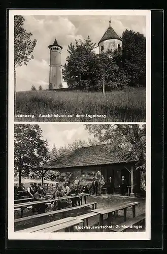 AK Leonberg, Aussichtsturm auf dem Engelberg, Blockhauswirtschaft Mundinger