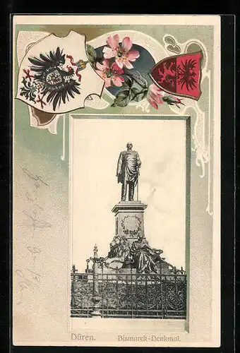 Passepartout-Lithographie Düren, Bismarck-Denkmal, Wappen