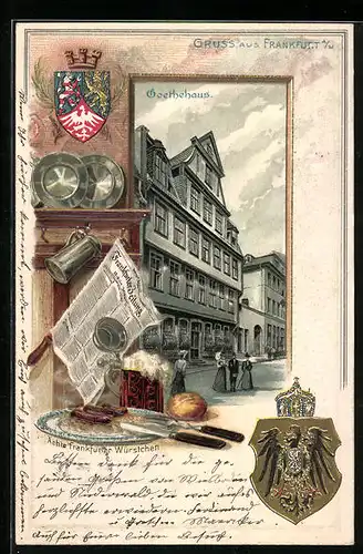 Passepartout-Lithographie Alt-Frankfurt, Vor dem Goethehaus, Wappen, Frankfurter Würstchen